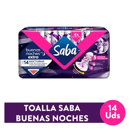 Toallas Femeninas Saba Buenas Noches Extra ancha atrás flujo super abundante con alas - 14 piezas