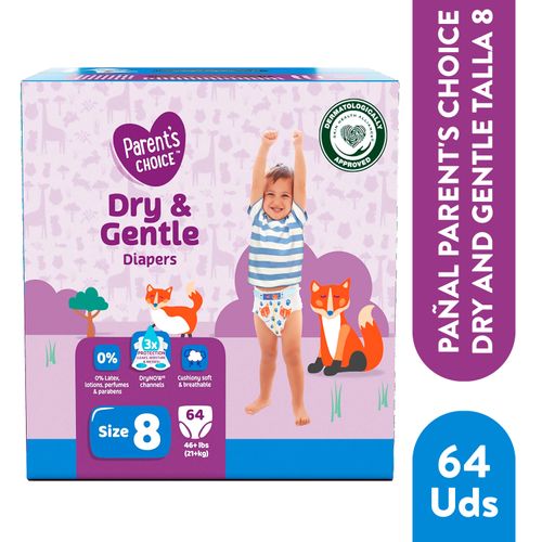 Pañales Parent's Choice Dry and Gentle Talla 8 - 64 Uds