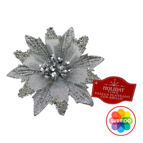 Flor Holiday Time de clip decorativa para Navidad - 15 cm