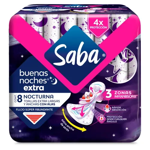 Toallas Femeninas Saba Buenas Noches Extra ancha atrás flujo super abundante con alas – 8 piezas
