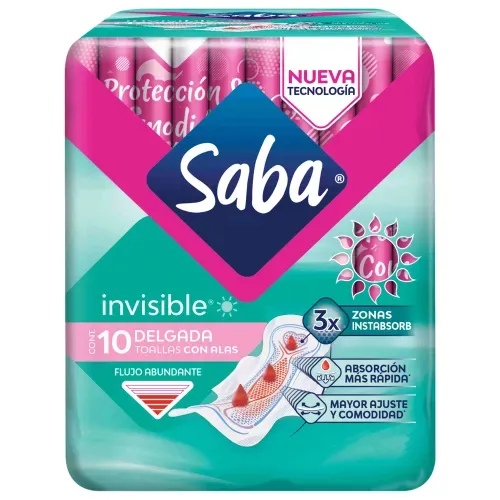 Toallas Femeninas Saba Invisibles Día con alas flujo abundante - 10 piezas​
