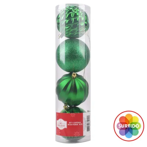 Esferas Holiday Time rojas y verdes para árbol de Navidad 8 cm - 4 Pzas