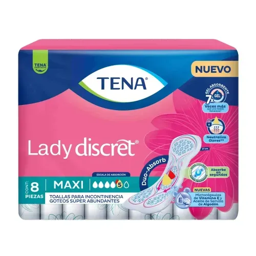 Toallas para incontinencia TENA Lady Discret Maxi Goteos Súper Abundantes - 8 piezas
