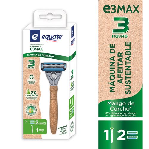 Rasuradora De Alta Tecnologia Triple Hoja E3 Max Sustentable Marca Equate Mango De Corcho + 2 Cartuchos