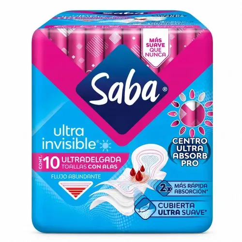 Toallas Femeninas Saba Ultra Invisibles Día con alas Flujo abundante - 10 piezas
