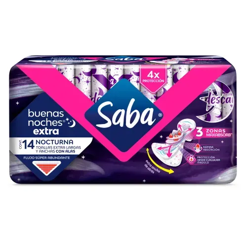 Toallas Femeninas Saba Buenas Noches Extra ancha atrás flujo super abundante con alas - 14 piezas