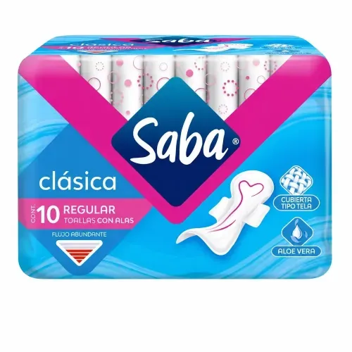 Toallas Femeninas Saba Clásica Regular Con Alas Flujo Abundante - 10 piezas