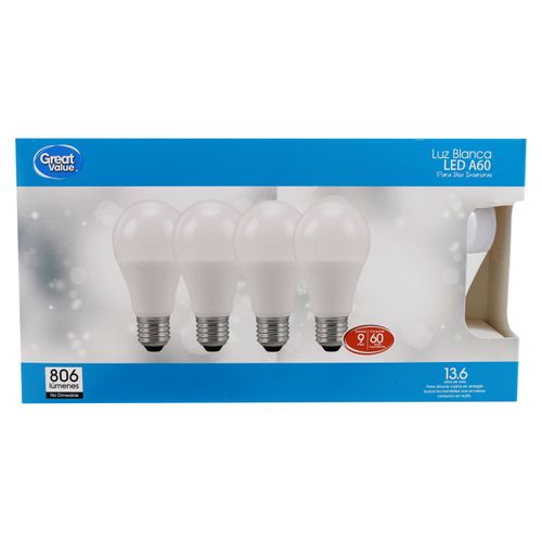 4 Pack Bombillo Great Value Led -9Watts Luz Blanca