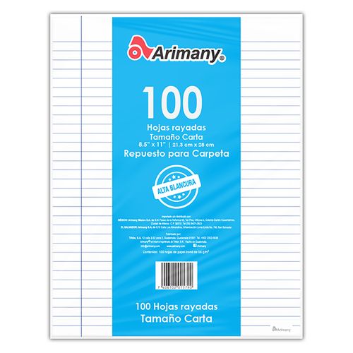 Hojas Arimany rayadas tamaño carta - 100 hojas