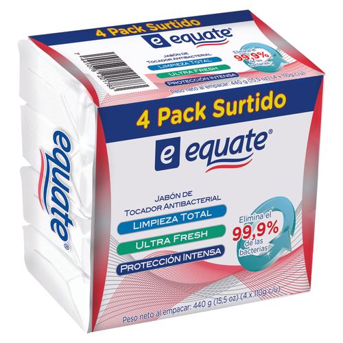 Jabon Tocador Barra Antibacterial Marca Equate 4Pack Surtido - 440 g