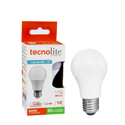 Tecnolite, BOMBILLO LED A19  5W100-240V6500KE27450LM