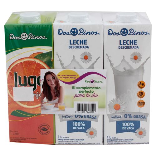 Leche Uht Descremada 4L Y Jugo De Naranja 2L Marca Dos Pinos