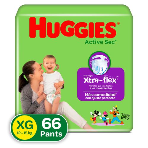 Pañales Marca Huggies Active Sec Pants Etapa 4/XG, 12-15kg - 66Uds