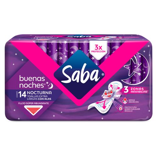 Toallas Femeninas Saba Nocturna Flujo Súper Abundante Extra Larga Con Alas -14 uds