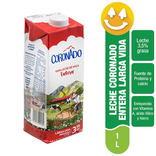 Leche Entera Coronado Larga Vida, 100% De Vaca, Enriquecida Con Vitamia A, Ácido Fólio Y Hierro - 1Lt