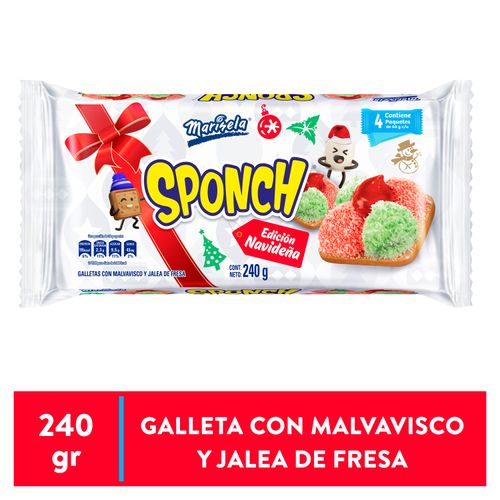 Galleta Sponch Marinela Navidad, Con Malvadisco Y Jalea De Fresa 4 Paquetes - 240g