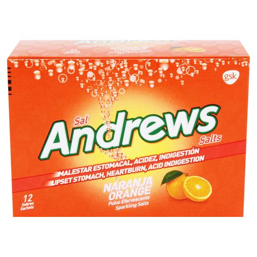 Polvo Efervescente Antiácido, Sal Andrews Sabor Naranja, Caja 12 Sobres