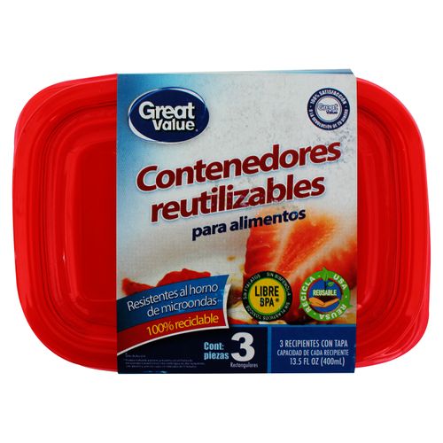 Contenedor Reutilizable Marca Great Value Rectangular - 3 Unidades