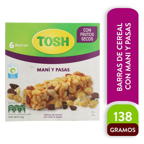 Barra de cereal Tosh maní y pasas - 138 g