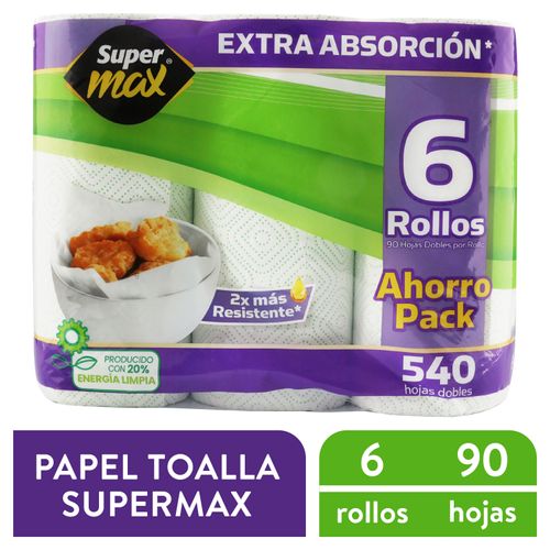 Toalla De Papel Para Cocina Tipo Mayordomo Marca Supermax Premium 90 Hojas - 6 Rollos