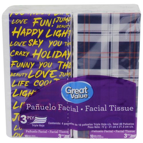 Pañuelos Faciales Desechables Marca Great Value 3 Pack - 40 Unidades