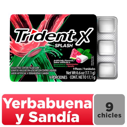 Chicle Trident Splash Sin Azúcar Sabor Yerbabuena Sandía 9 Uds - 17,1g