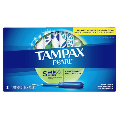 Tampones super absorbentes Tampax Pearl con aplicador de plástico sin BPA y trenza LeakGuard, sin perfume, 8 unidades