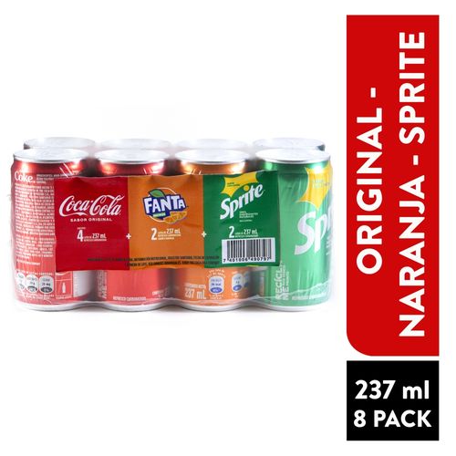 Gaseosa Coca-Cola, Sprite Y Fanta Naranja Sabores Surtidos 8 Pack - 237ml