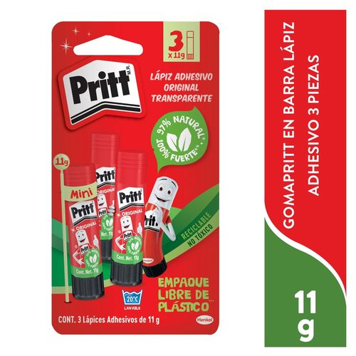 Pegamento Pritt en barra empaque libre de plástico 3 Pzas - 11 g