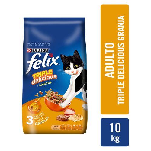 Alimento seco Purina felix para gato adulto triple delicious sabor pollo carne y pavo de la granja - 10 kg