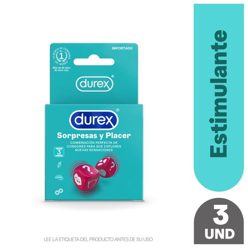 Condones Durex Sorpresas Y Placer Delgado Con Puntos Y Estrías Para Estimulación, Lubricante A Base De Silicona - 3Uds