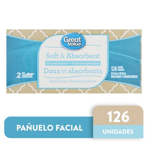 Pañuelos Faciales Desechables Marca Great Value + 2Ply - 126 Hojas