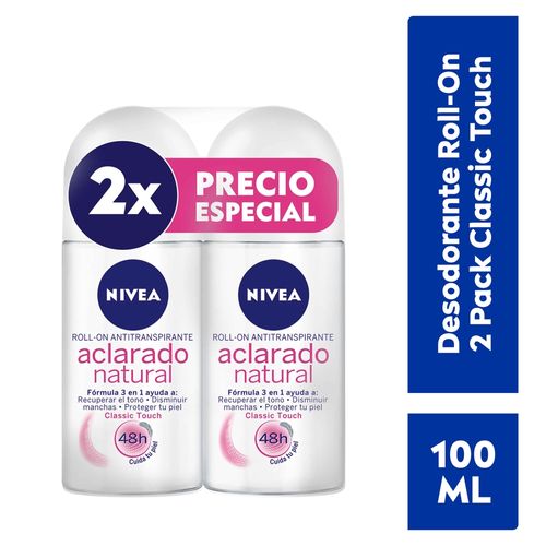 Desodorante Nivea Roll-On Femenino Tono Natural Classic Touch 2 Pack - 100 ml