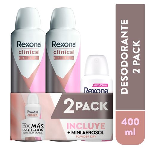 Desodorante Rexona clinical 2 Pack más desodorante mini powder dry en aerosol - 400 ml