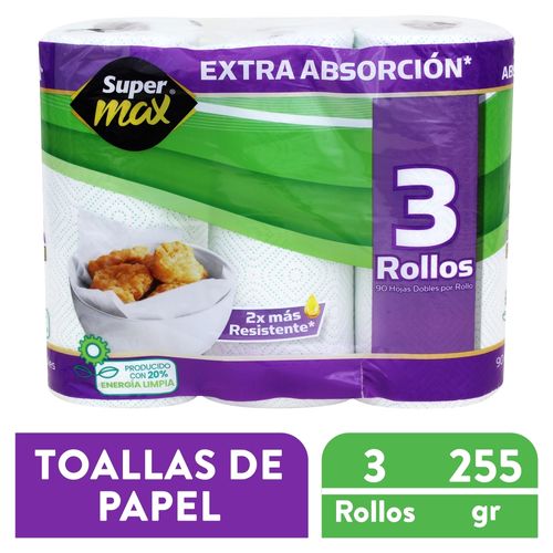 Toalla De Papel Para Cocina Tipo Mayordomo Marca Supermax Premium 90H - 3 Rollos