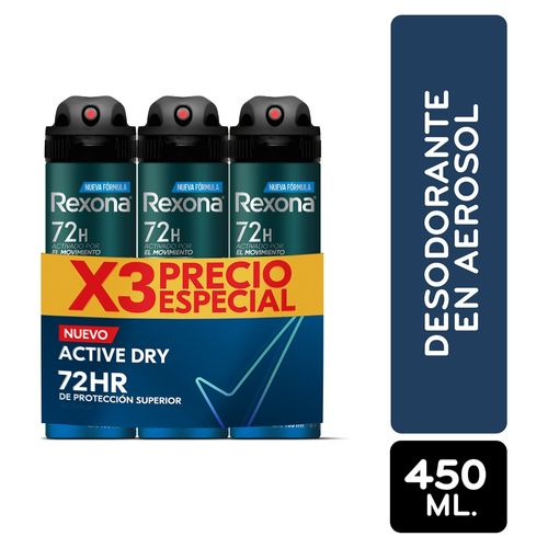 3Pack Desodorante Aerosol Rexona Active Dry 72 Hr Proteccion 450Ml