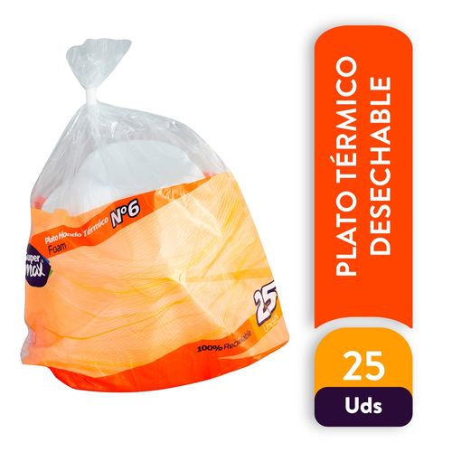 Plato Desechable Marca Supermax N6 Liso Foam - 25 Unidades