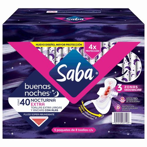 Toallas Femeninas Saba Buenas Noches Extra Flujo Súper Abundante Con Alas - 40 uds