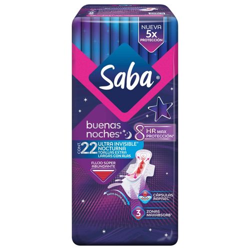 Toallas Femeninas Saba, nocturnas, Ultra Invisible Ultradelgada, Flujo Súper Abundante Con Alas - 22 Uds