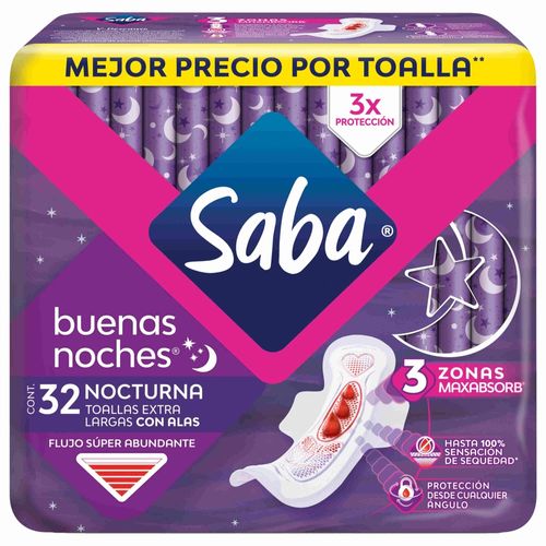 Toallas Femeninas Saba Buenas Noches Flujo Súper Abundante Con Alas  - 32 uds