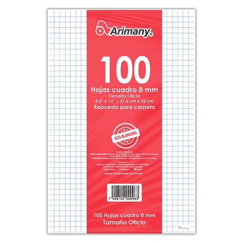 Hojas Arimany cuadriculadas tamaño oficio - 100 hojas