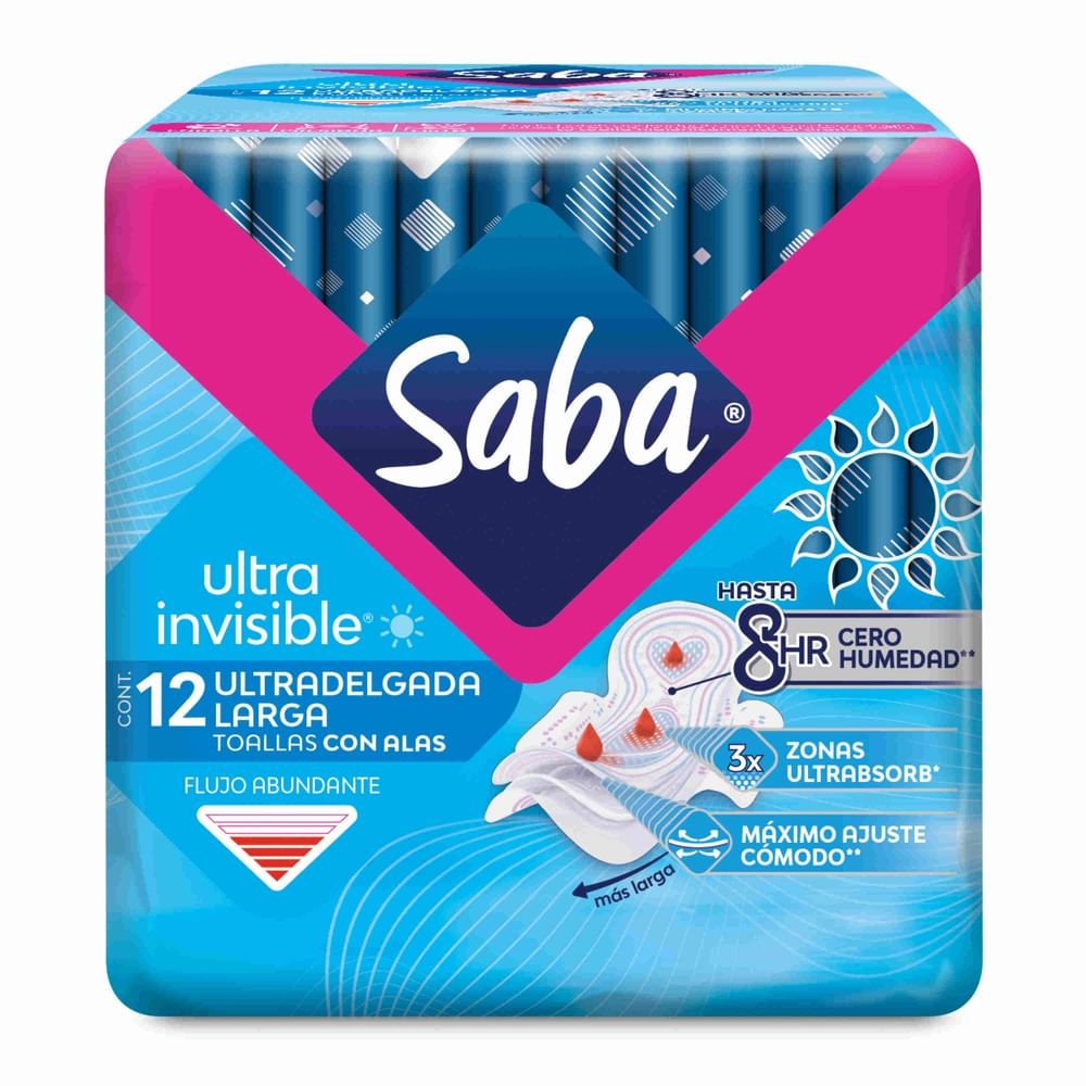 Imagen de Toallas Femeninas Saba Ultra Invisible Ultradelgada Larga Flujo Abundante Con Alas - 12 Uds