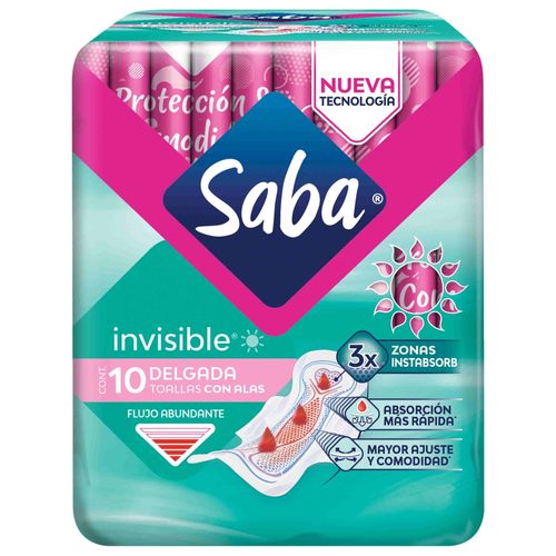 Toallas Femeninas Saba Invisible Delgada Flujo Moderado Con Alas - 10 uds