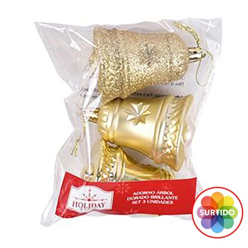 Adorno Holiday Time Para Árbol Color Dorado Brillante Diseño Surtido - 3 Pzas
