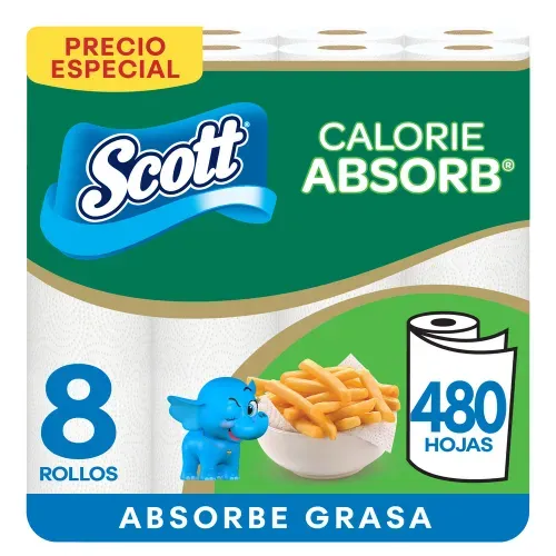 Toalla de Papel Desechable Scott Calorie Absorb 60 Hojas - 8 Rollos