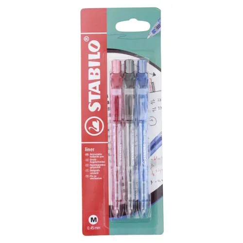 Bolígrafo retráctil Stabilo liner azul negro y rojo - 3 Uds