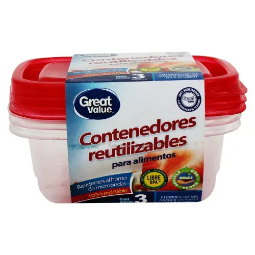 Contenedor Reutilizable Marca Great Value Rectangular - 3 Unidades