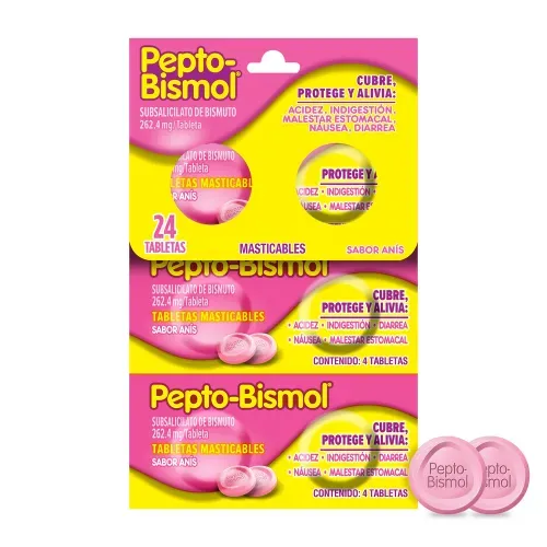 Tabletas Masticables Pepto-Bismol Alivio Malestar Estomacal - 24 Uds