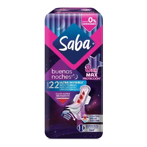 Toallas Femeninas Saba Buenas Noches ultra invisible con alas flujo super abundante - 22 piezas