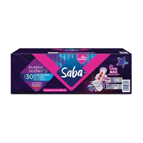 Toallas Femeninas Saba Buenas Noches ultra invisible con alas flujo super abundante - 30 piezas